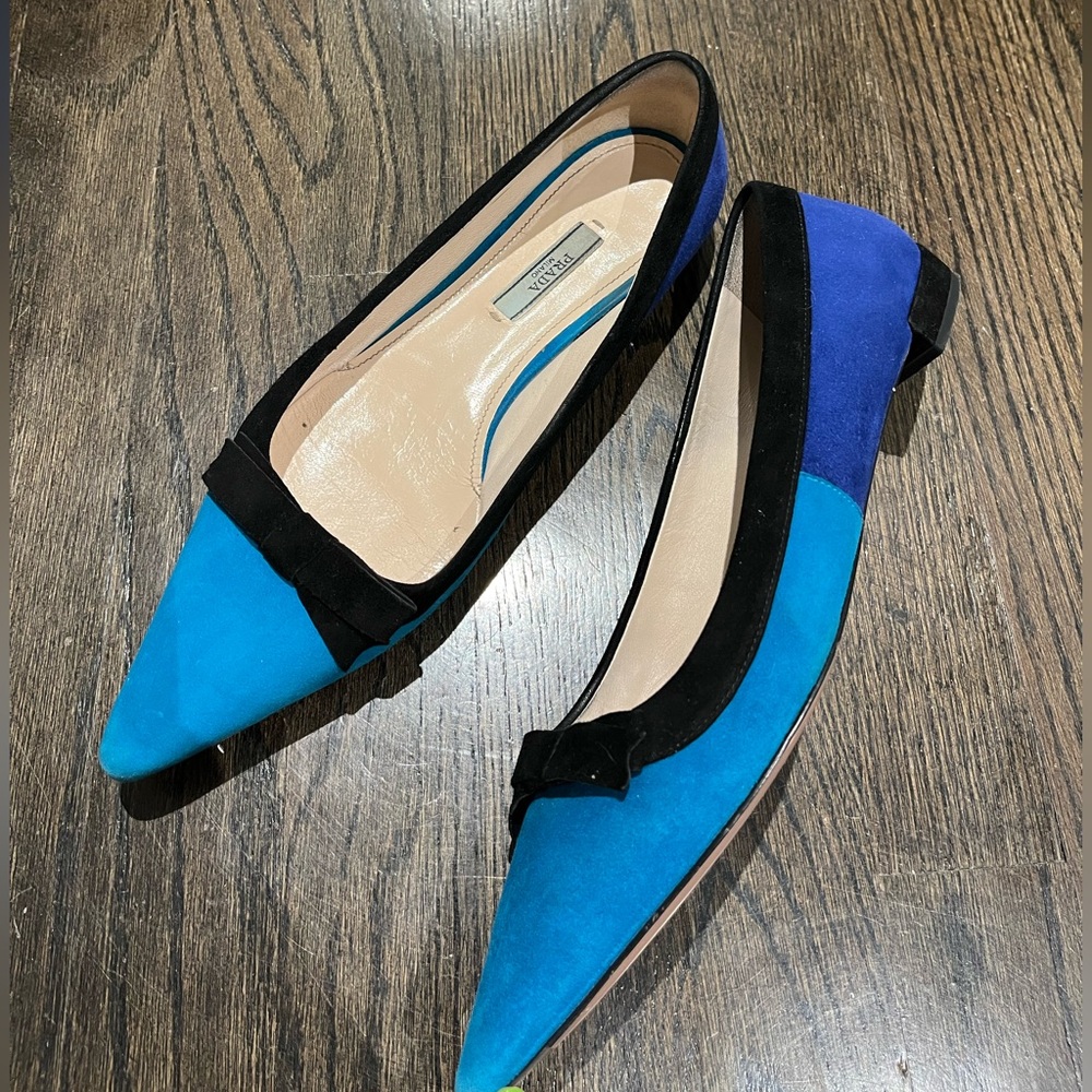 Prada Colorblock Flats Blue Suede Bow Size 38.5